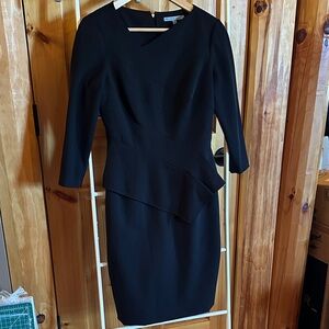 EUC ANTONIO MELANI Black 3/4 Sleeve, Asymmetrical Peplum Sheath Dress Fitted 2